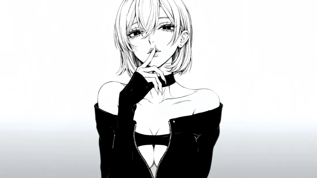 2k动漫少女壁纸｜灰白简约背景 - 短发黑衣手绘「哲风壁纸」