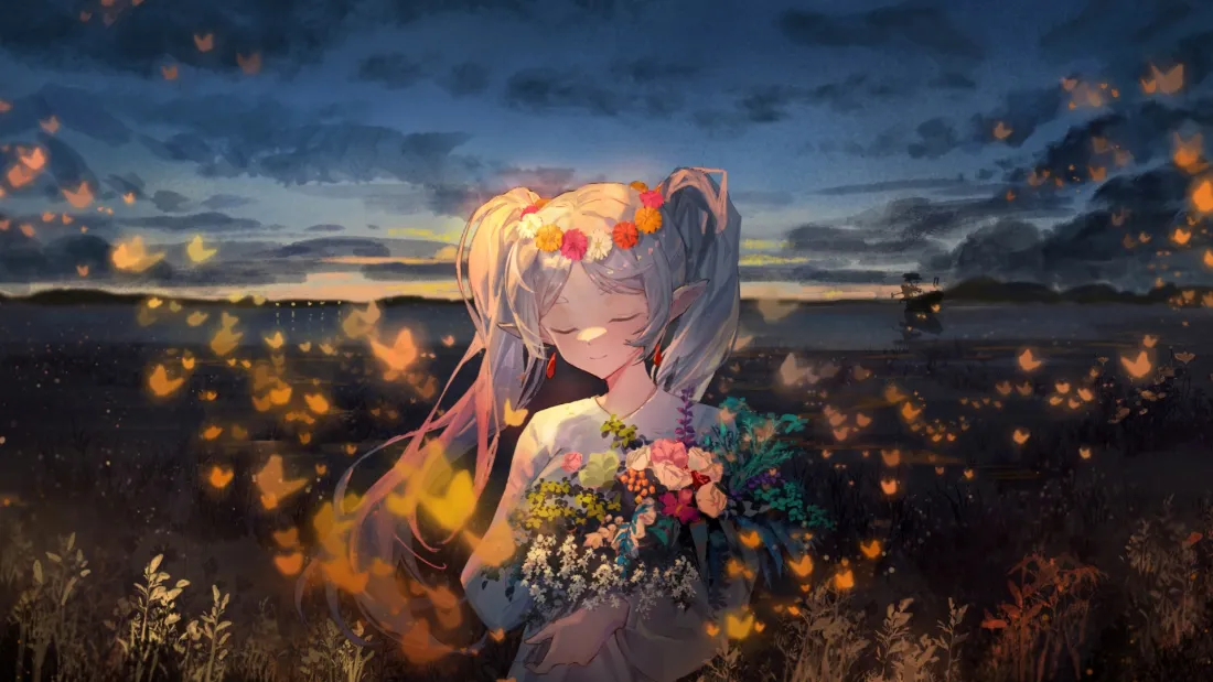 2k动漫少女壁纸｜田野背景图片 - 萤火虫花束黄昏「哲风壁纸」