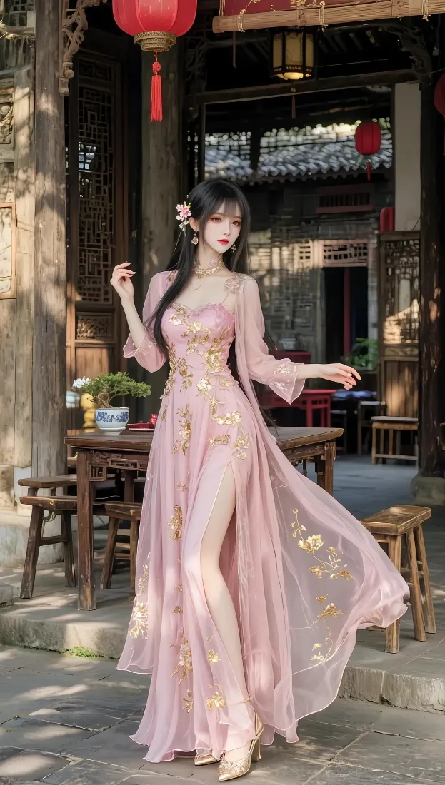古风美女手机壁纸｜粉色汉服背景图 - 中式庭院「哲风壁纸」
