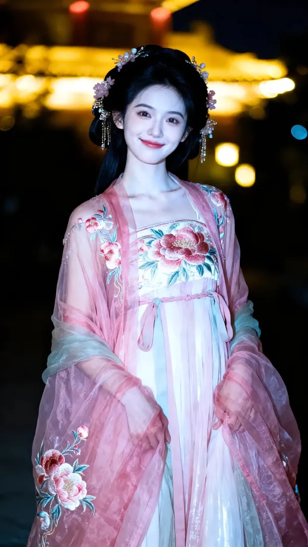 古装美女手机壁纸｜粉色汉服背景图 - 夜景灯光「哲风壁纸」
