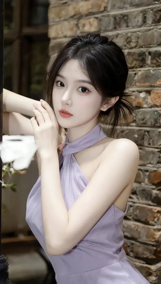 紫衣美女手机壁纸｜砖墙背景图片 - 气质美女「哲风壁纸」
