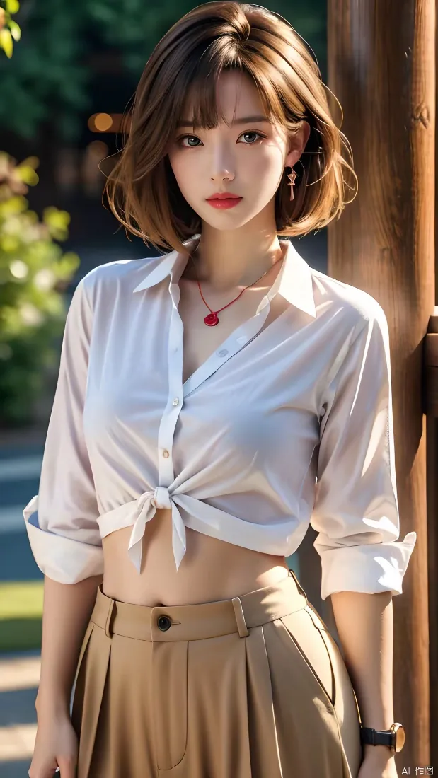 短发美女手机壁纸｜户外背景图 - 白衬衫穿搭「哲风壁纸」