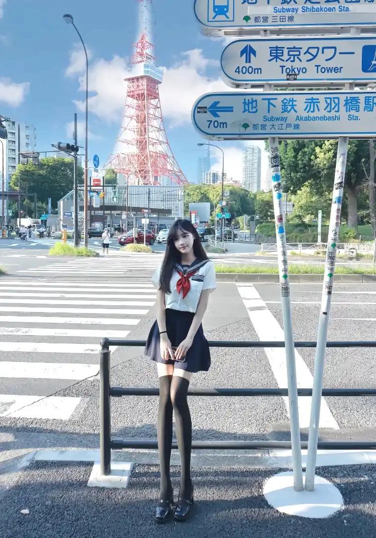 水手服美女手机壁纸｜东京塔背景图 - 日系街拍「哲风壁纸」