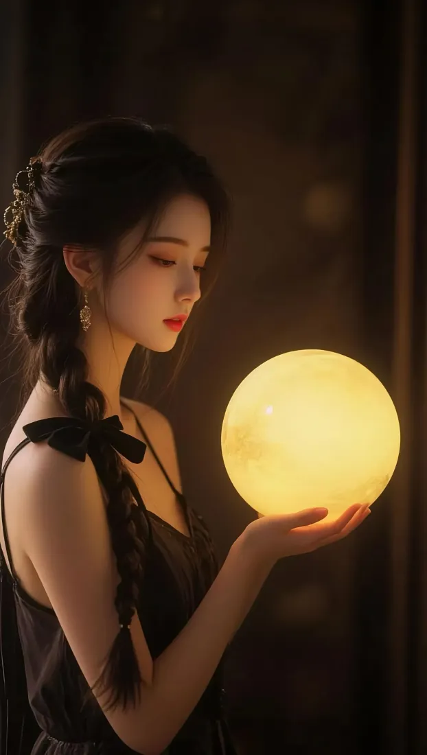 黑衣美女手机壁纸｜暗调背景图 - 手持发光圆球「哲风壁纸」