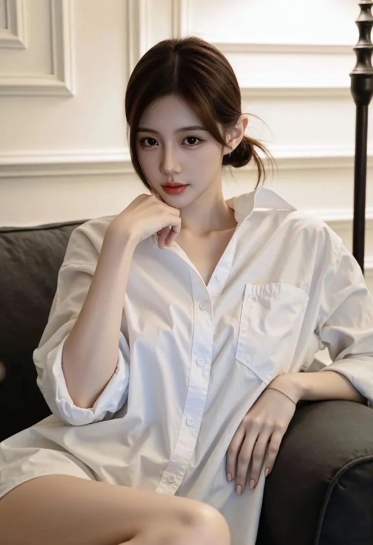 白衣美女手机壁纸｜室内沙发背景 - 白衬衫优雅「哲风壁纸」