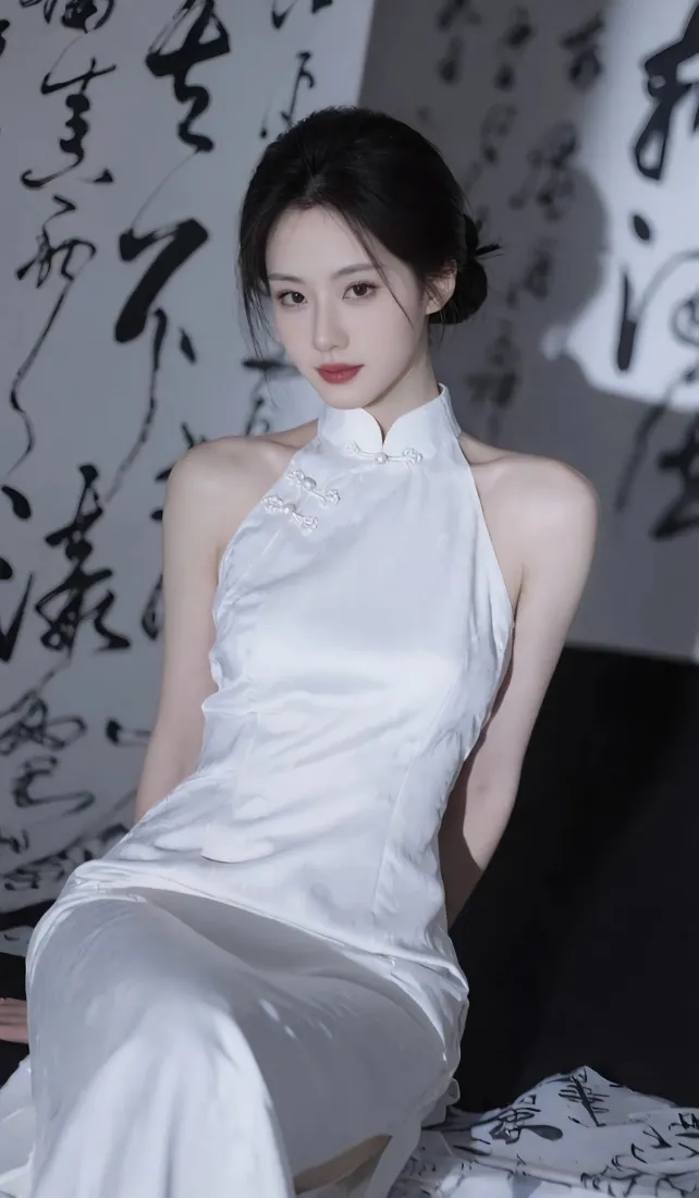 白色旗袍美女手机壁纸｜书法背景图片 - 国风气质「哲风壁纸」