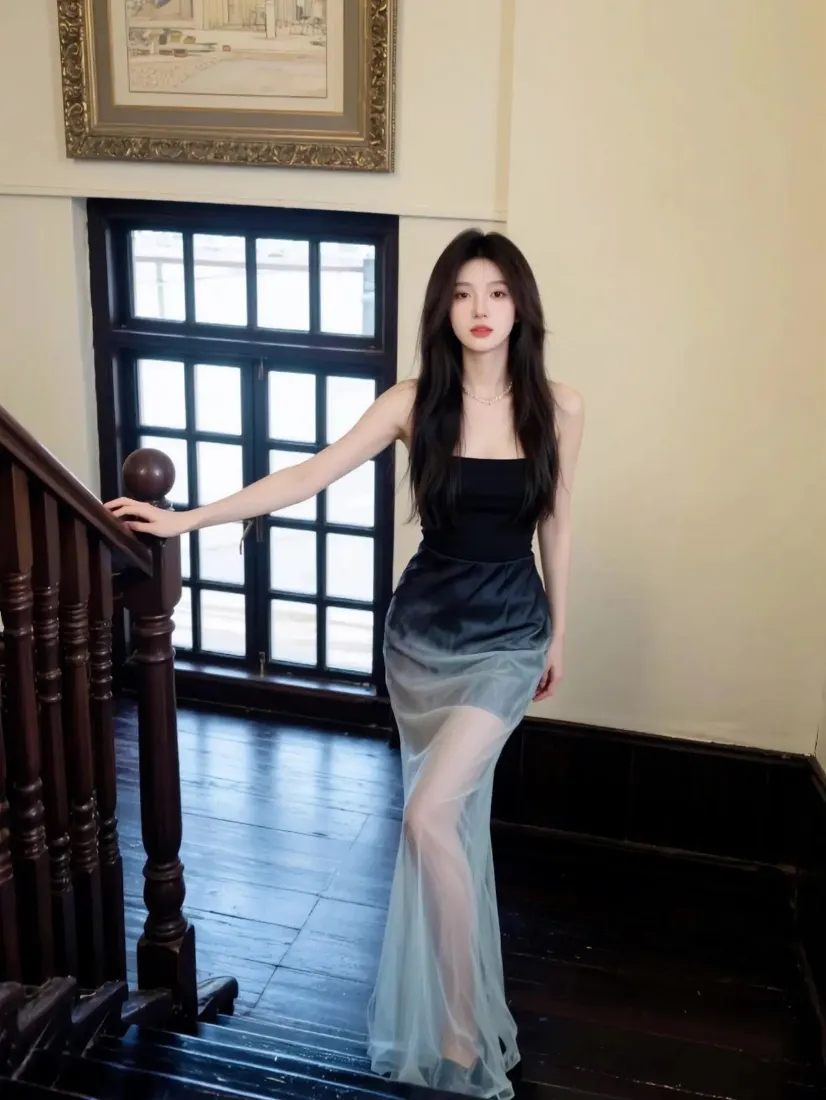 黑蓝渐变裙美女手机壁纸｜复古室内背景图片 - 优雅气质「哲风壁纸」