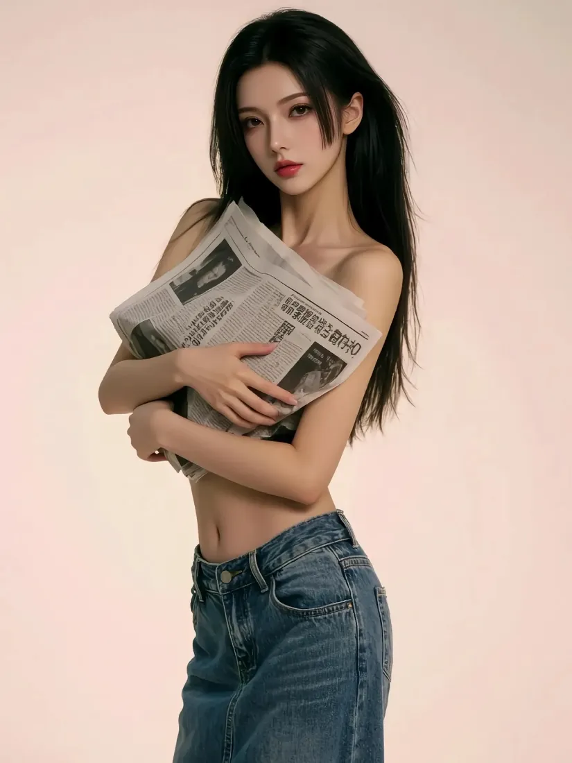 美女手机壁纸｜浅粉背景图片 - 牛仔裤报纸造型「哲风壁纸」