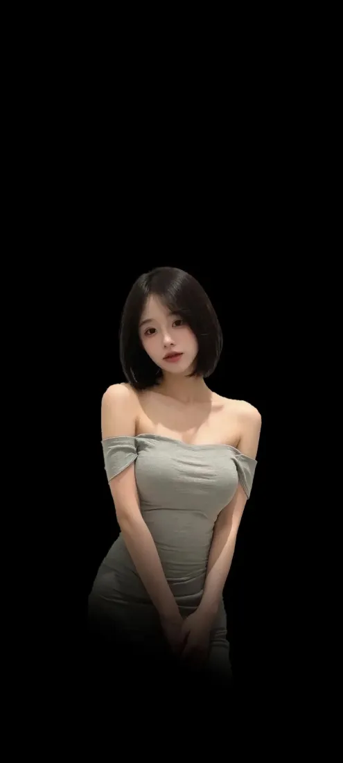 短发美女手机壁纸｜黑色背景图片 - 灰色吊带裙「哲风壁纸」