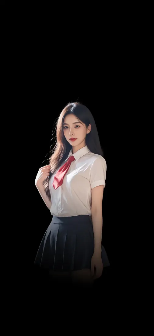 红衣领带美女手机壁纸｜黑色背景图片 - 校园制服「哲风壁纸」