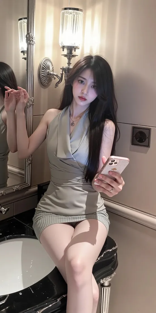 灰裙美女手机壁纸｜浴室自拍背景图片 - 暖光「哲风壁纸」