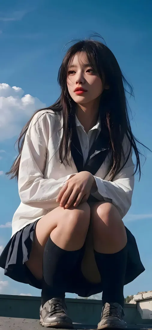 白衣美女手机壁纸｜蓝天背景图 - JK制服户外蹲姿「哲风壁纸」