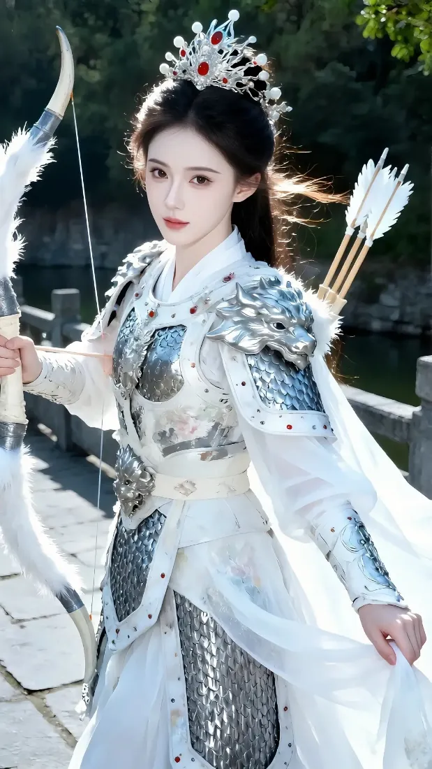 白衣铠甲美女手机壁纸｜古风背景图片 - 弓箭美女「哲风壁纸」