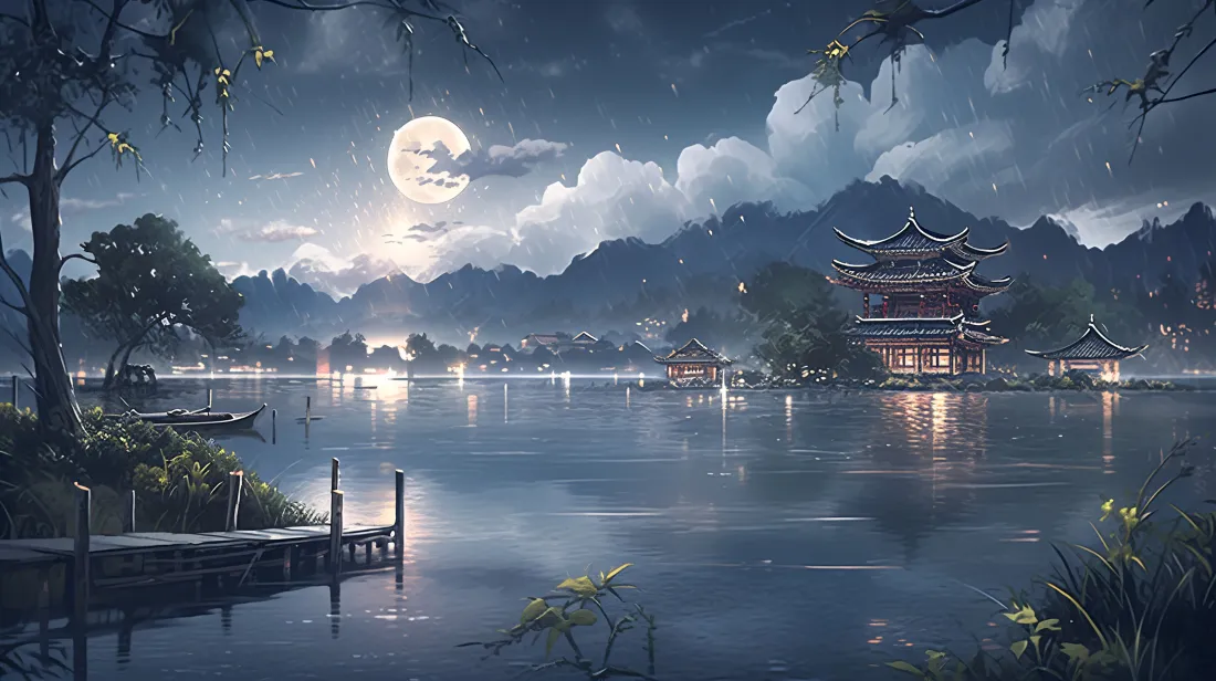 3k古风夜景壁纸｜湖水山峰背景图 - 月夜亭台倒影「哲风壁纸」