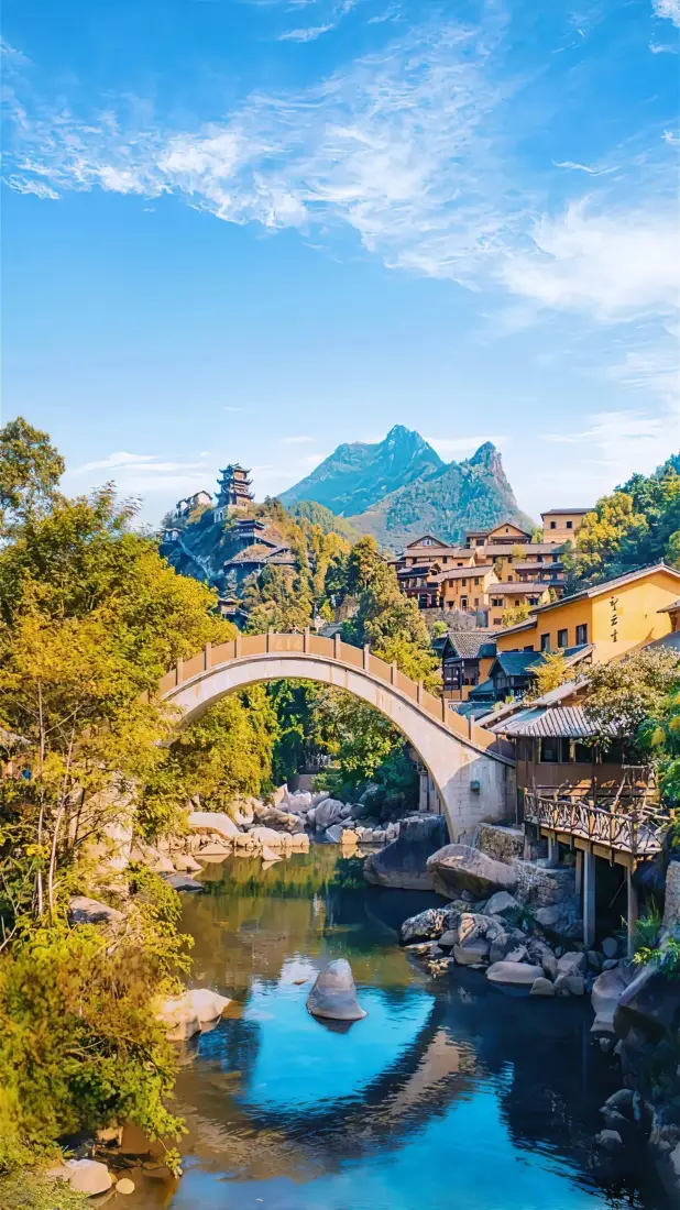 山水手机壁纸｜古村落背景图片 - 拱桥河流风景「哲风壁纸」
