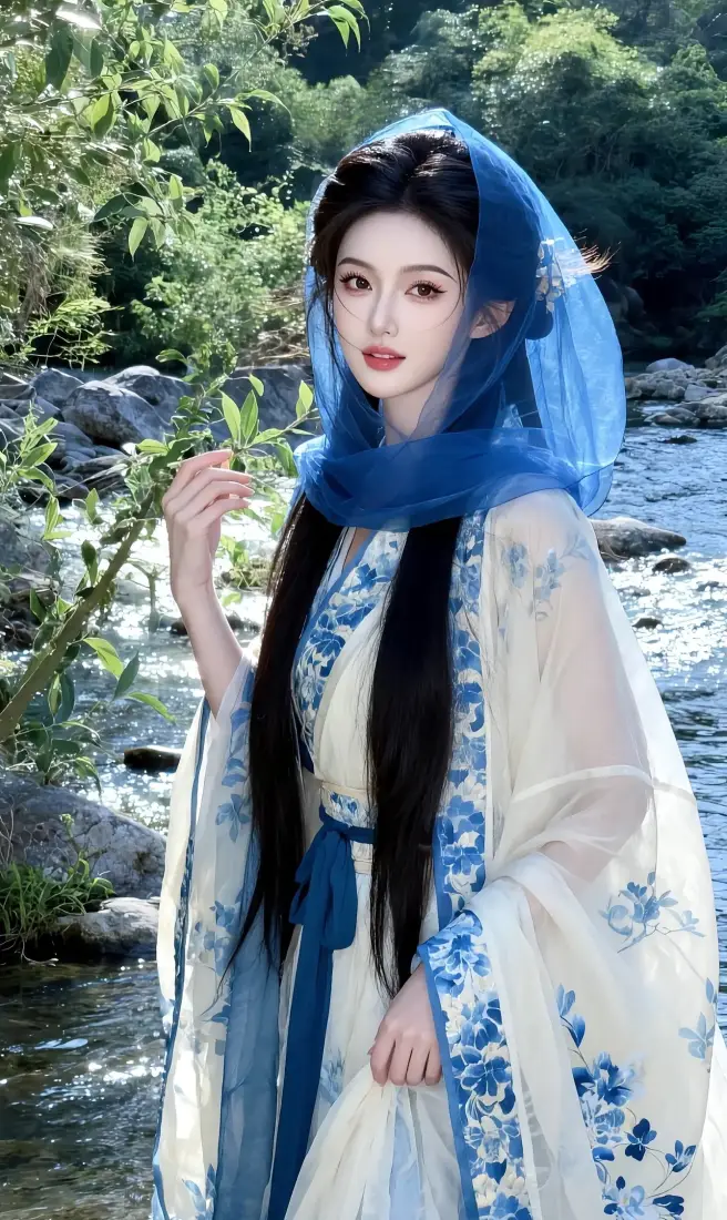 古风美女手机壁纸｜山水溪流背景图片 - 汉服蓝纱古装「哲风壁纸」