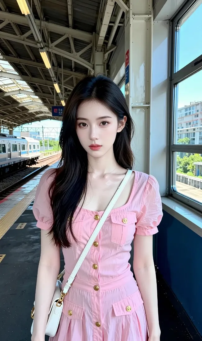 粉色连衣裙美女手机壁纸｜车站站台背景 - 夏日「哲风壁纸」