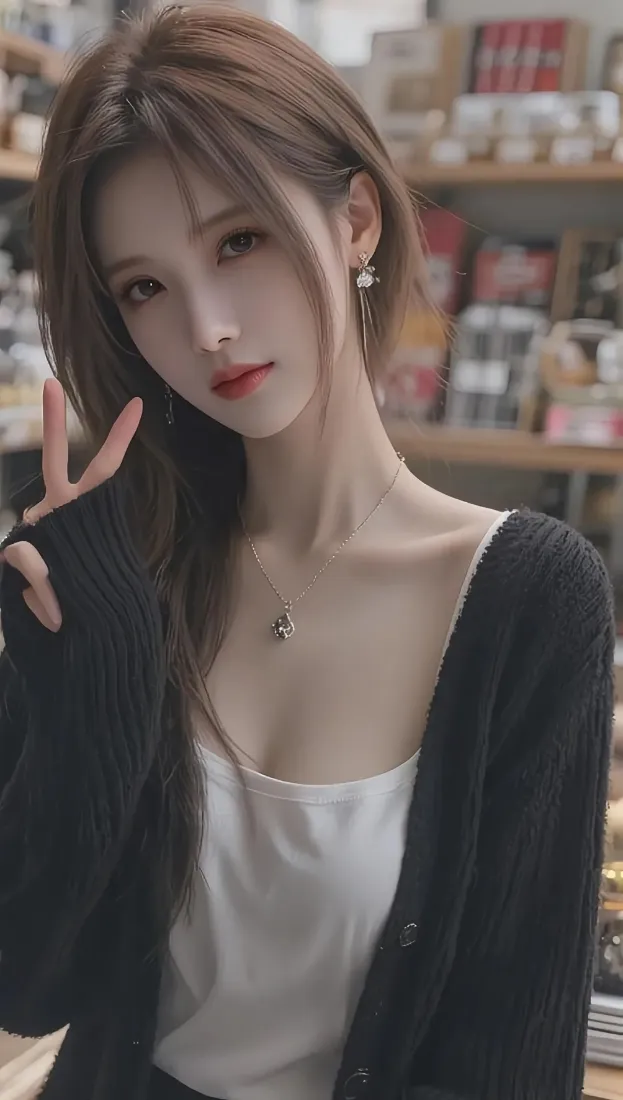 黑衣美女手机壁纸｜便利店背景图 - 红唇比耶白背心「哲风壁纸」