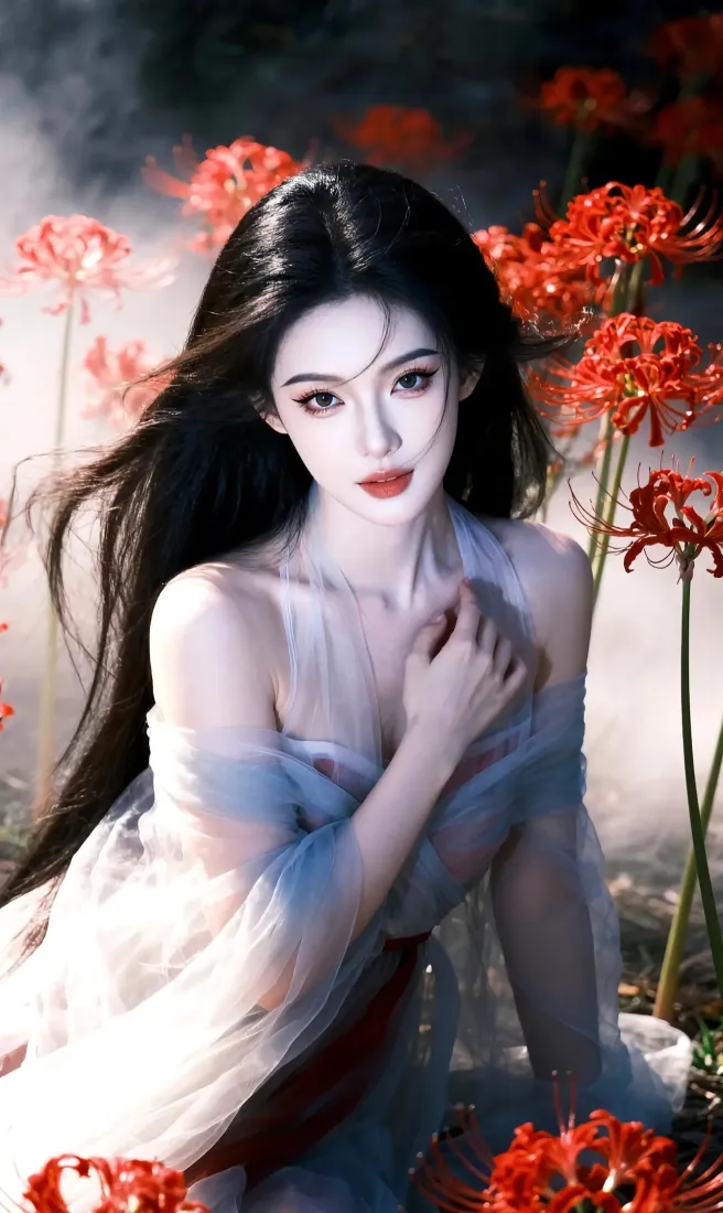 古装美女手机壁纸｜红色彼岸花背景 - 薄纱古装「哲风壁纸」