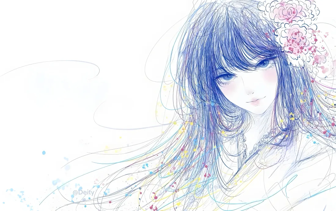 6k蓝色线稿少女壁纸｜海棠花背景图 - 手绘艺术「哲风壁纸」