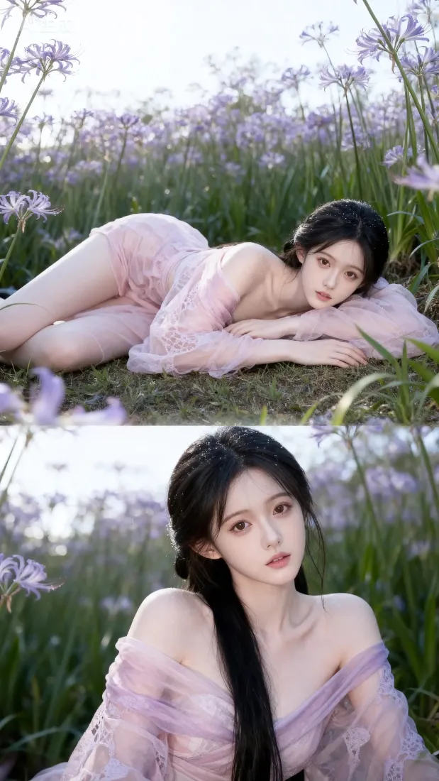 粉色纱裙美女手机壁纸｜紫色花田背景图片 - 户外写真「哲风壁纸」