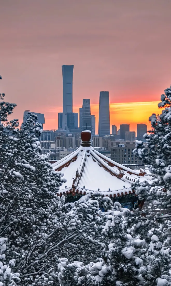 北京雪景手机壁纸｜北京雪景背景 - 古建筑高楼日落「哲风壁纸」