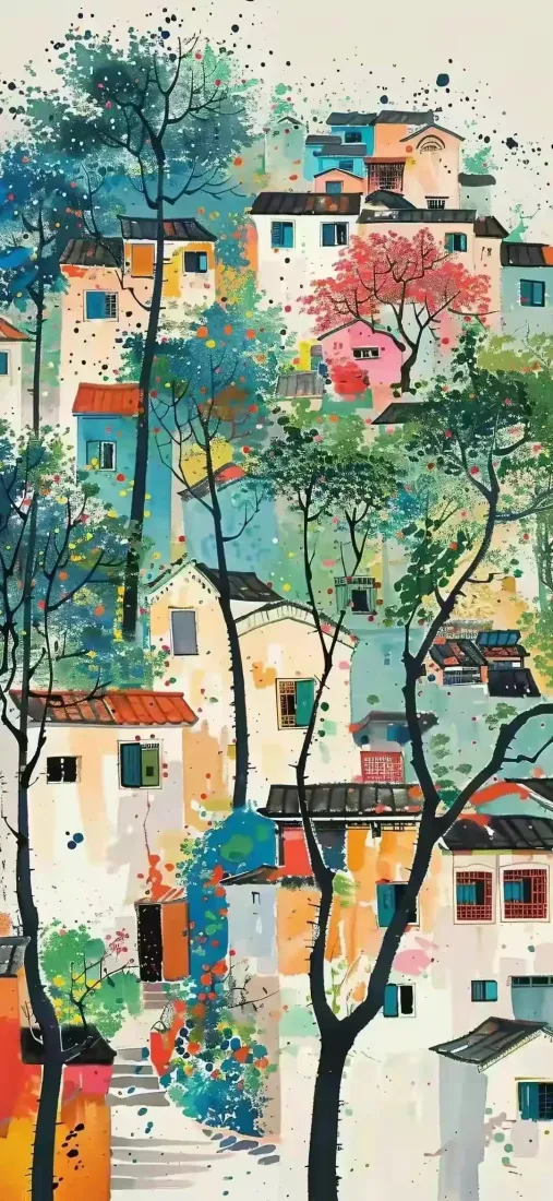 乡村房屋水墨画手机壁纸｜手绘背景 - 自然风景建筑「哲风壁纸」