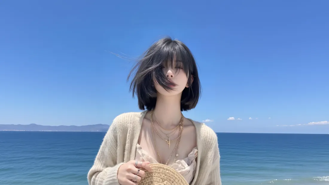 5k短发美女壁纸｜海边背景图片 - 晴空大海海风「哲风壁纸」