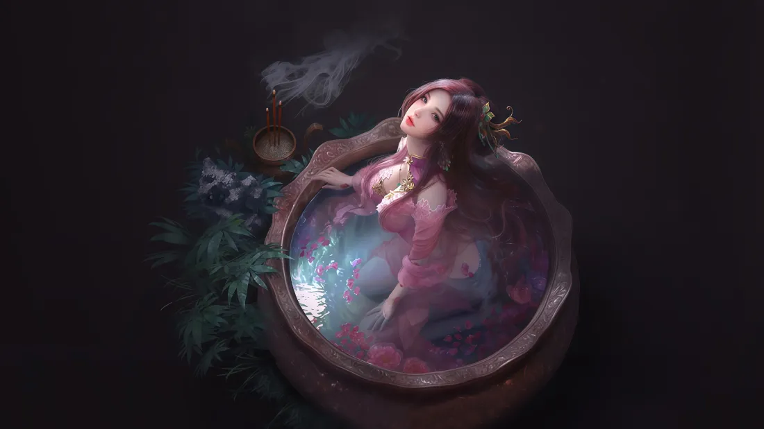 3k古风美女壁纸｜粉色衣裙背景图片 - 盆栽烟雾奇幻「哲风壁纸」