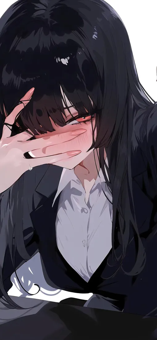 黑长直制服少女手机壁纸｜二次元背景图 - 害羞脸红「哲风壁纸」