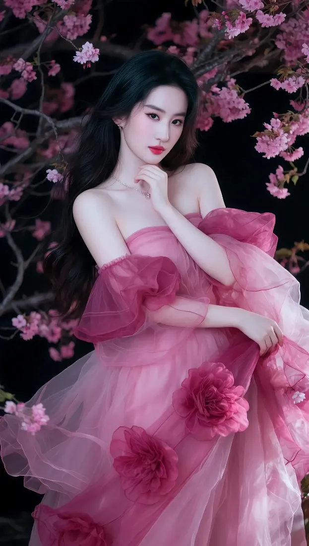 粉色纱裙美女手机壁纸｜樱花背景图片 - 性感迷人「哲风壁纸」