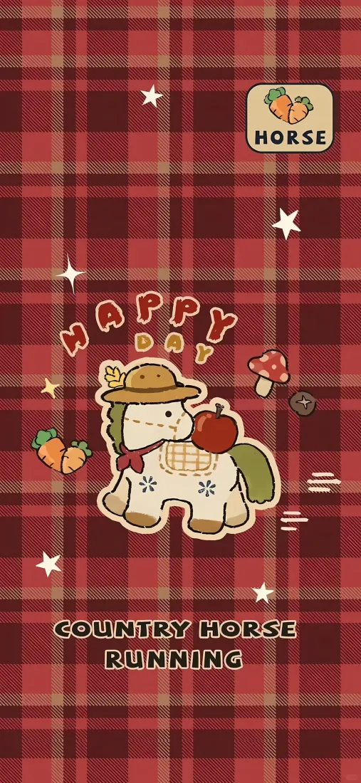 卡通小马手机壁纸｜红格子背景图片 - 新年可爱小马「哲风壁纸」
