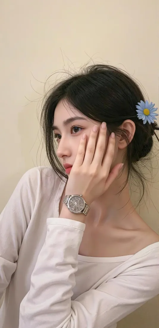 白衣女生手机壁纸｜简约背景图片 - 蓝色花朵发饰「哲风壁纸」