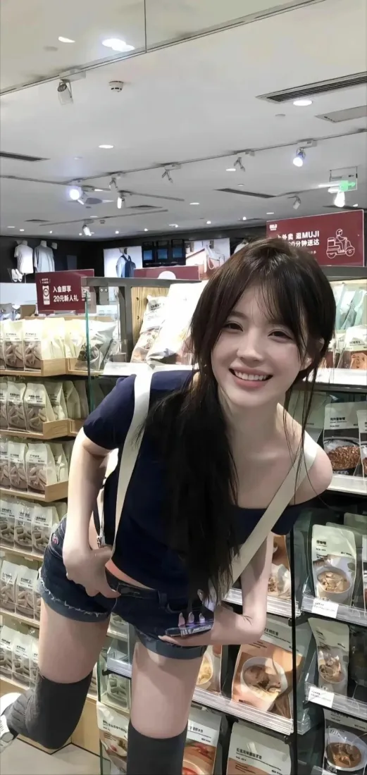 微笑女生手机壁纸｜超市背景图片 - 休闲穿搭「哲风壁纸」