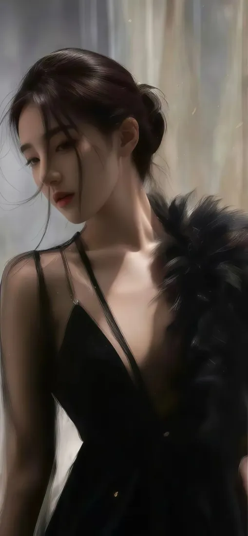 黑衣美女手机壁纸｜朦胧背景图片 - 黑色礼服「哲风壁纸」