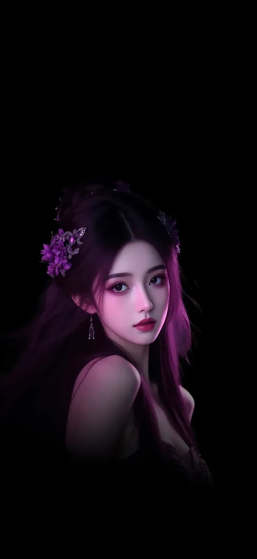 长发美女手机壁纸｜紫色花朵背景图片 - 古风「哲风壁纸」