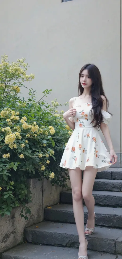 碎花裙美女手机壁纸｜户外石阶背景 - 黄色花朵清新「哲风壁纸」