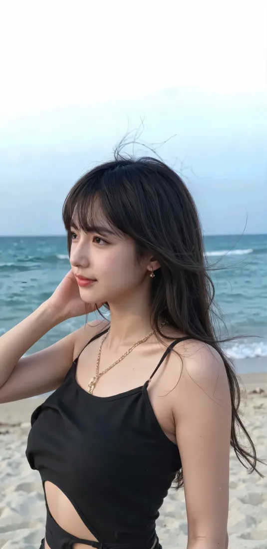 黑衣美女手机壁纸｜海边沙滩背景图片 - 夏日度假「哲风壁纸」
