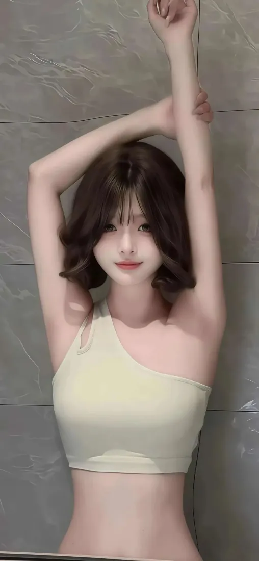 气质短发美女手机壁纸｜浅黄色单肩上衣背景 - 灰色墙面「哲风壁纸」