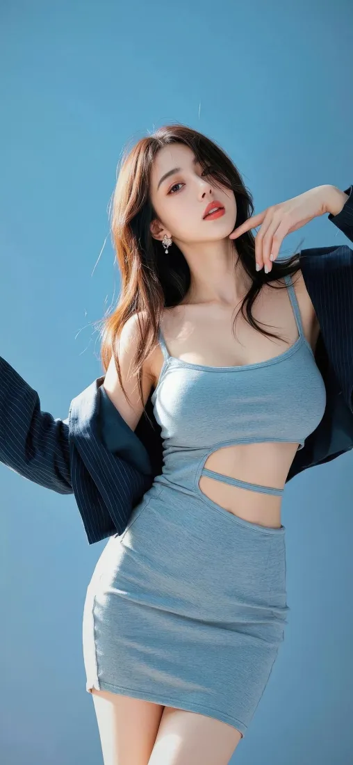 美女手机壁纸｜蓝色背景图 - 浅蓝色连衣裙穿搭「哲风壁纸」
