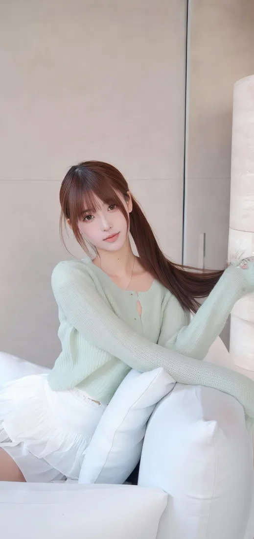 美女手机壁纸｜室内背景图片 - 浅绿色上衣「哲风壁纸」