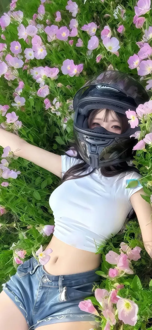 头盔美女手机壁纸｜粉色花朵背景 - 户外清新夏日「哲风壁纸」