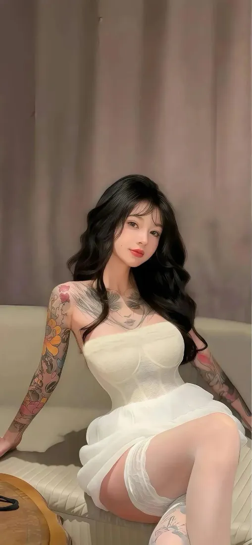 纹身美女手机壁纸｜浅棕背景图 - 白色裙装「哲风壁纸」