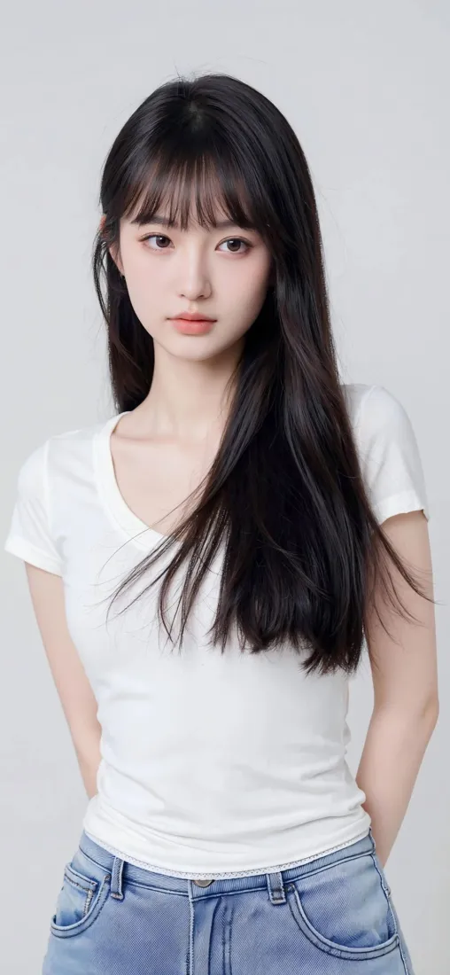 白衣美女手机壁纸｜简约背景图片 - 牛仔裤穿搭「哲风壁纸」