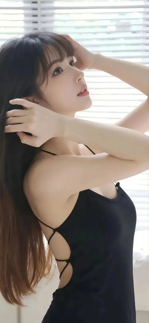 长发美女手机壁纸｜室内背景图片 - 黑裙「哲风壁纸」
