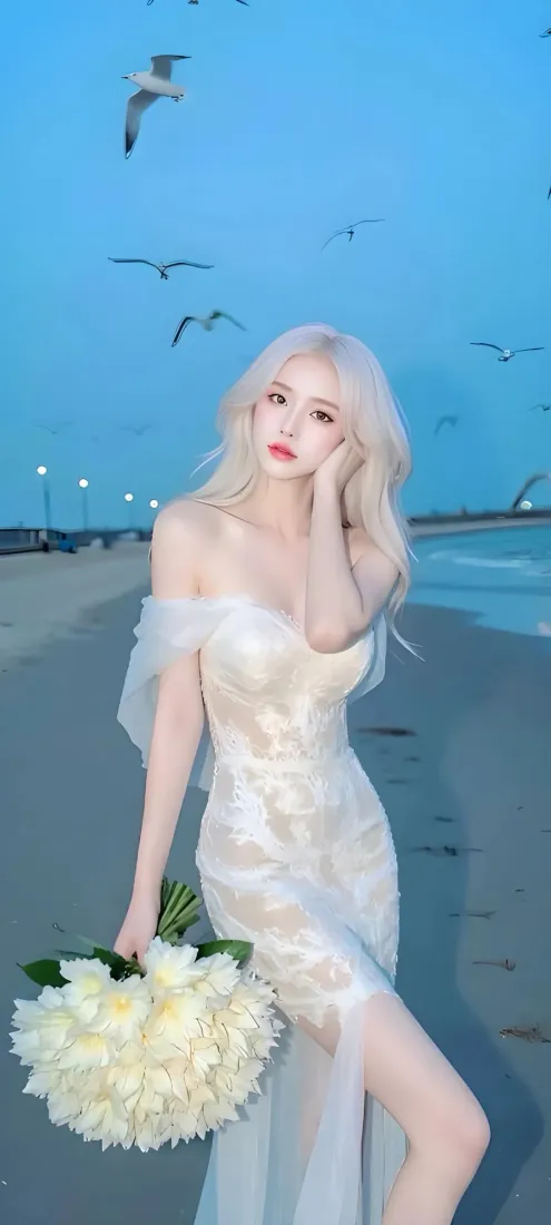 金发美女手机壁纸｜海滩背景图片 - 白色礼服「哲风壁纸」