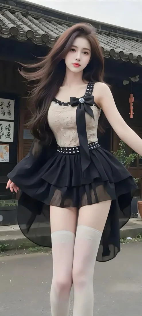美女手机壁纸｜古风建筑背景 - 时尚穿搭黑丝带「哲风壁纸」