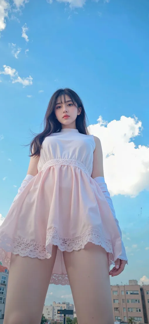 粉色连衣裙美女手机壁纸｜蓝天背景 - 清新夏日户外「哲风壁纸」