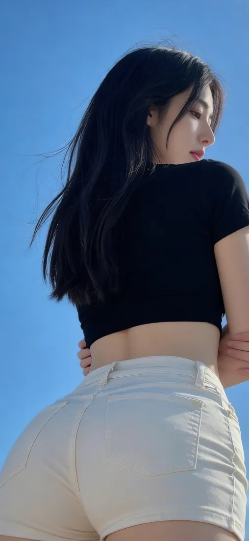 黑衣美女手机壁纸｜蓝天背景图片 - 白衣短裤「哲风壁纸」