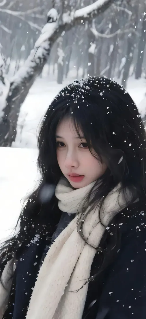 美女雪景手机壁纸｜冬日雪地背景图片 - 白色围巾「哲风壁纸」